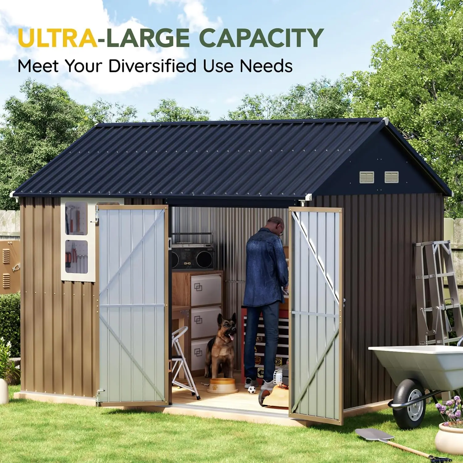 سقيفة تخزين فولاذية خارجية 8X10FT مع نافذة شفافة، أبواب قابلة للقفل، سقيفة أدوات معدنية مقاومة للطقس للحديقة #4