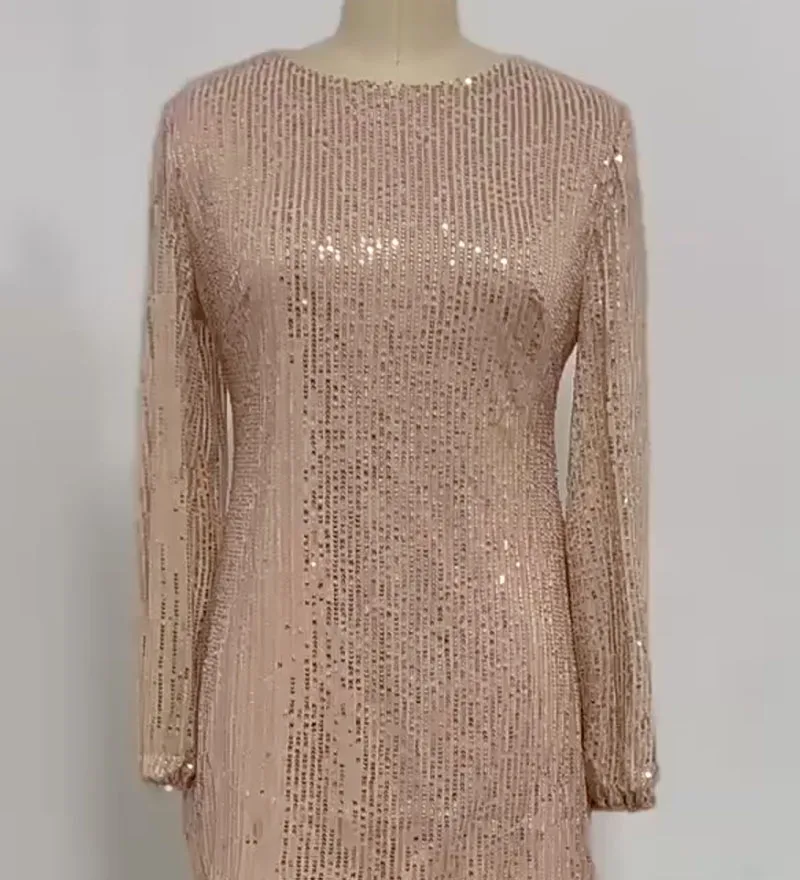 Elegant ผู้หญิงแขนยาวชุดเซ็กซี่เลื่อมรอบคอ Slims ฤดูใบไม้ร่วงฤดูใบไม้ผลิชุดราตรีสั้น Dresses Vestidos