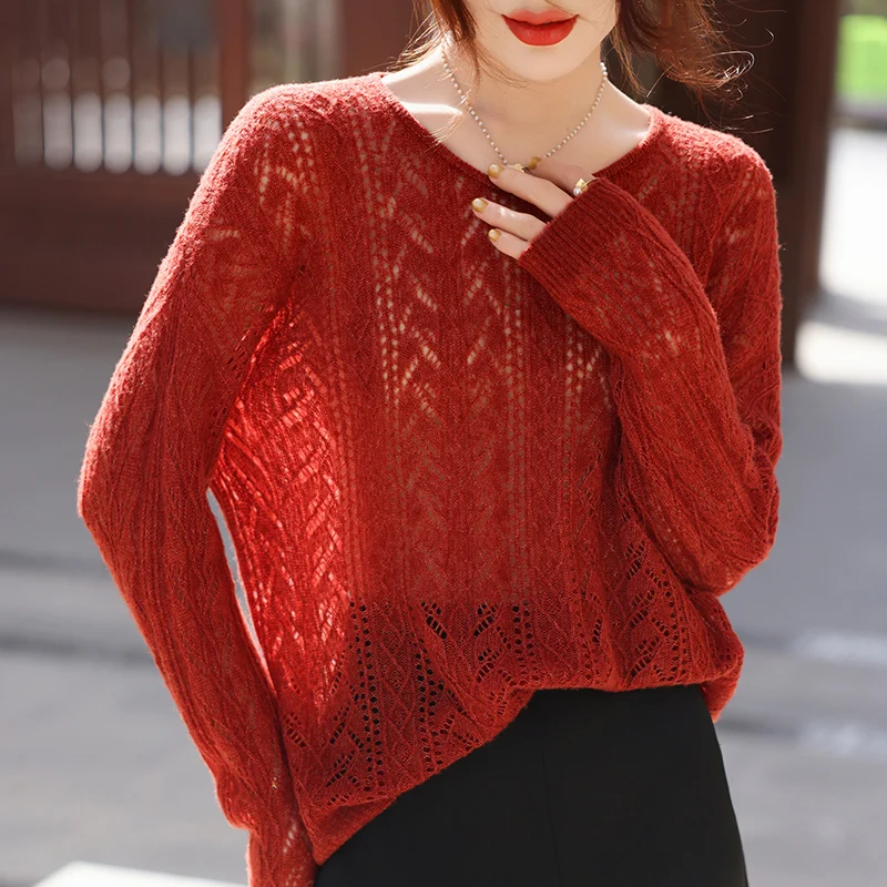10% Cashmere O-neck Long-sleeve Hollow-out Thin Semi-transparent Solid Wool Women Summer Pullovers Sweater 2025 - Detail 1