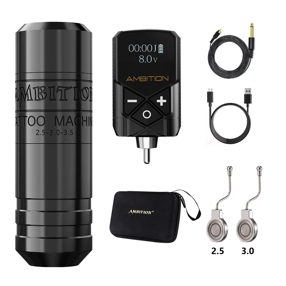 Ambition Torped 28-Takt 2,5-3,0-3,5 mm Rotary Tattoo Pen Machine Drahtlose Kuark-Batterie Leistungsstarker bürstenloser Motor RCA-Kabel