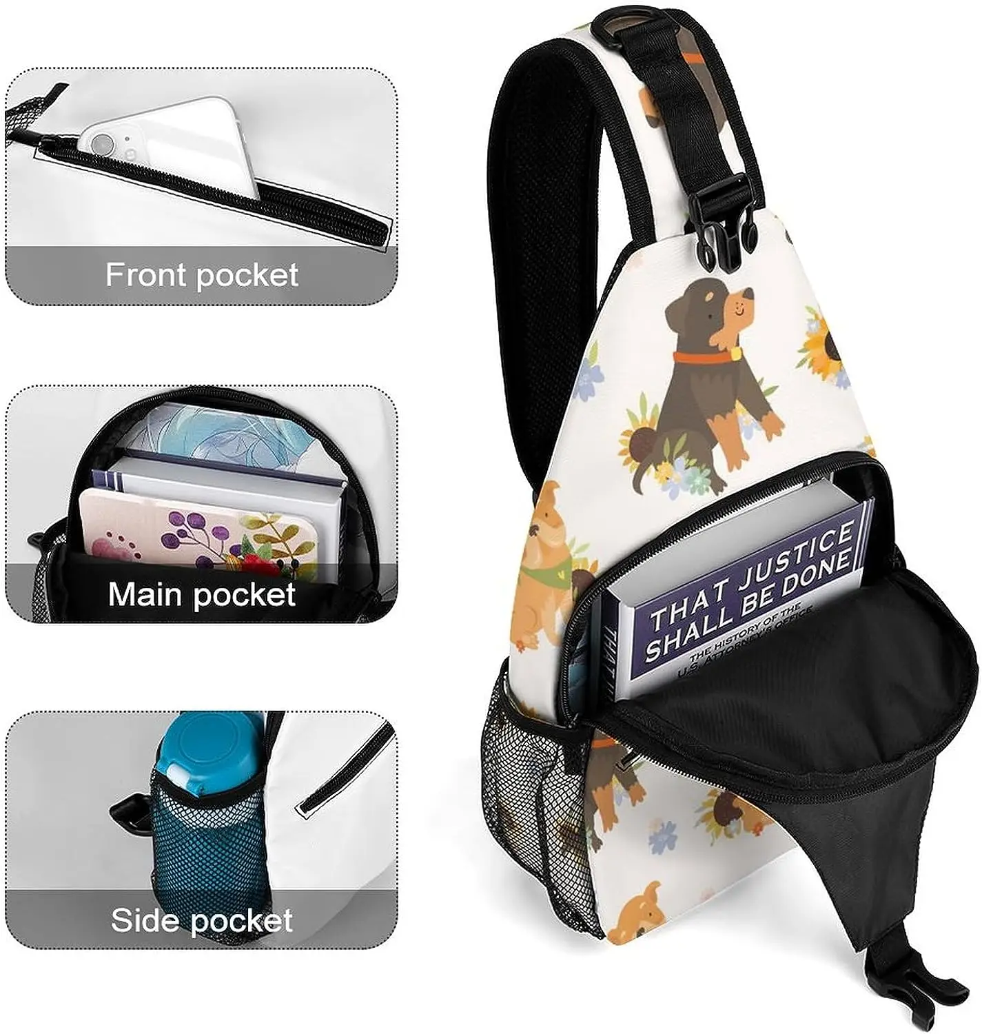 Dogs Pattern Sunflowers Sling Bag Crossbody Shoulder Chest Bags Print Backpack Travel Daypack for Women Men Unisex Casual