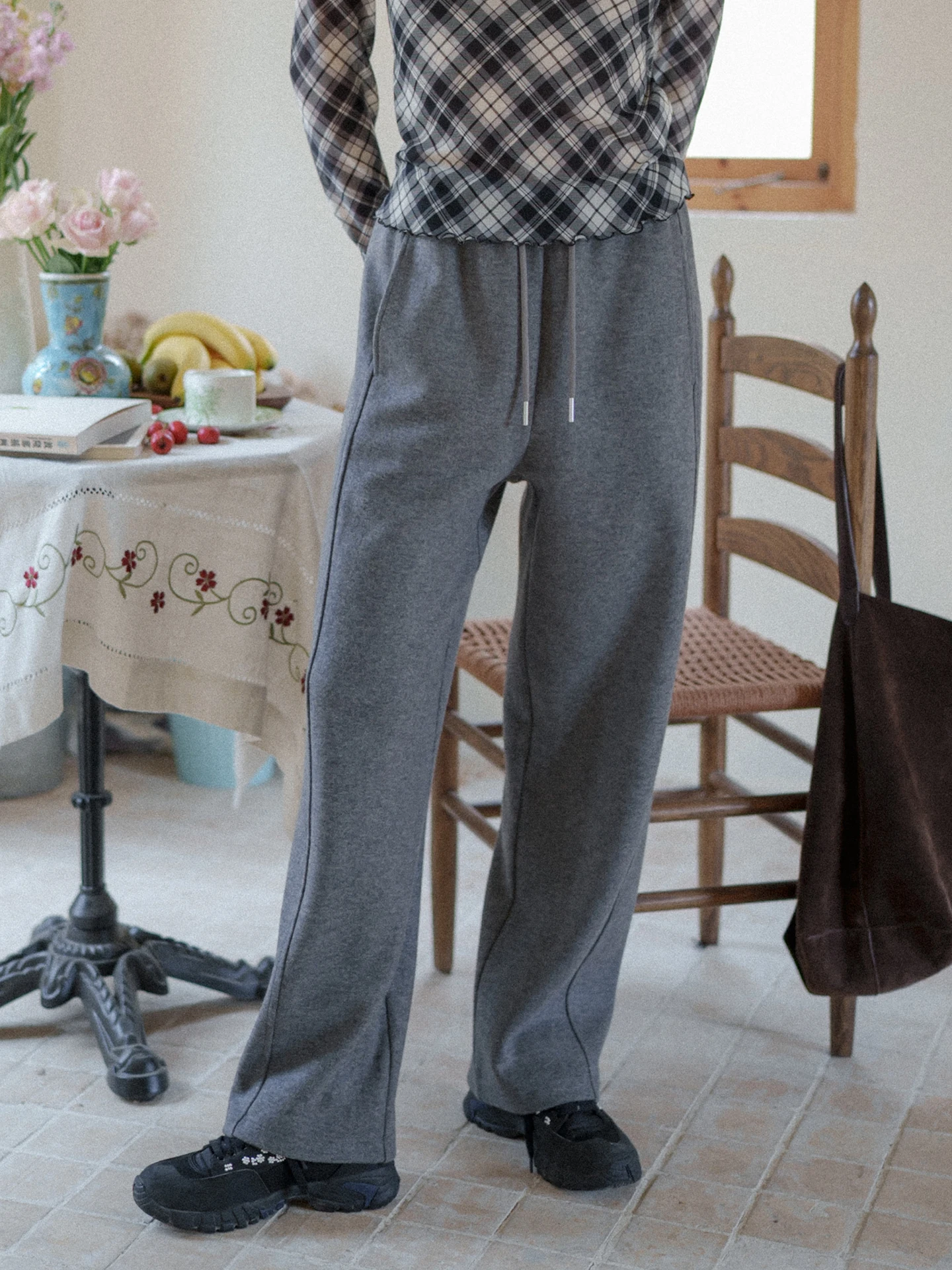 

MarchNoon Merino Wool Cashmere Straight Leg Pants Retro Versatile Elastic Waist Casual Trousers Long Straight Ladies Pants