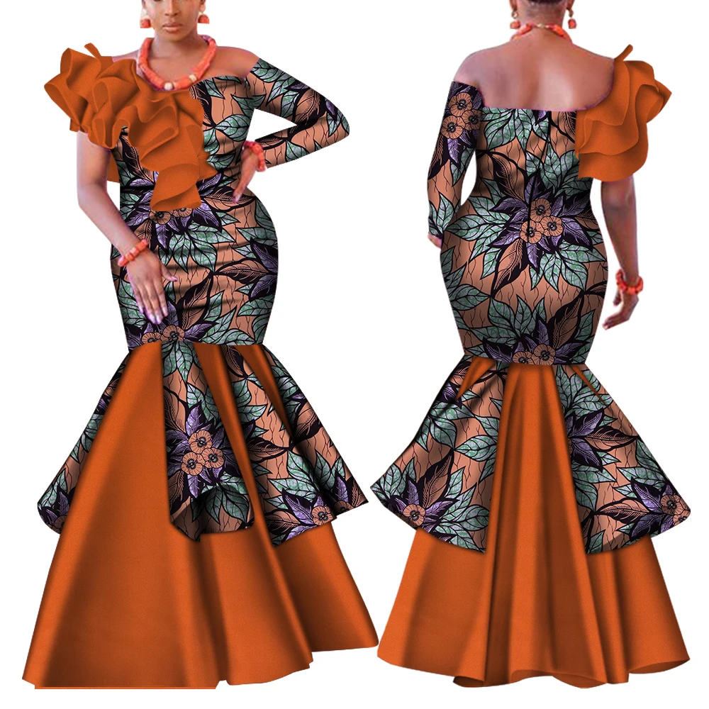 Dashiki Afrikanisches Kleid für Frauen Bazin Riche One-Shoulder Sexy Slash Neck Hochzeitskleid Traditionelle afrikanische Kleidung WY4224