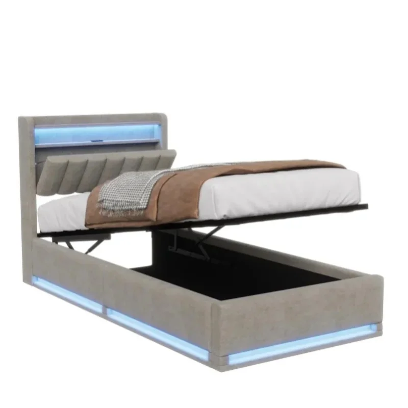 Polsterbett 90 x 200 cm mit LED, Stauraumbett 140 x 200 cm mit Bettkasten und Lattenrost, Doppelbett mit Stauraum im Kopfteil und hydraulischem Stauraum, Jugendbettgestell, Samt, Grau