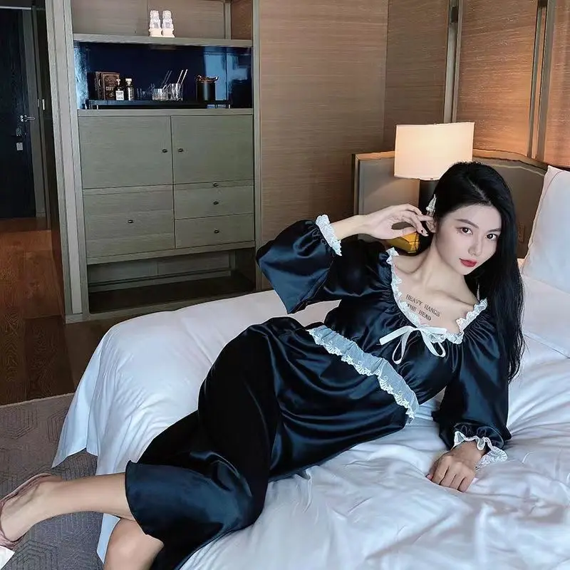 Princess Style Nightdress Women Spring Summer Ice Silk Long Sleeve Sweet Lace Plus Size Pajamas Long Dressing Gowns Sleepshirts