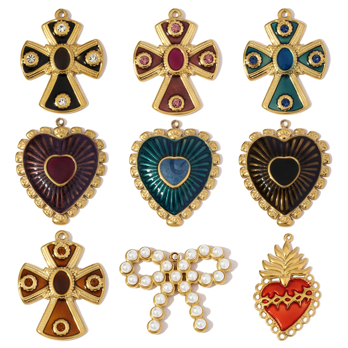 3 teile/los Retro Große Edelstahl Emaille Herz Halskette Anhänger Strass Kreuz DIY Ohrring Charme Frauen Ananas Schmuck