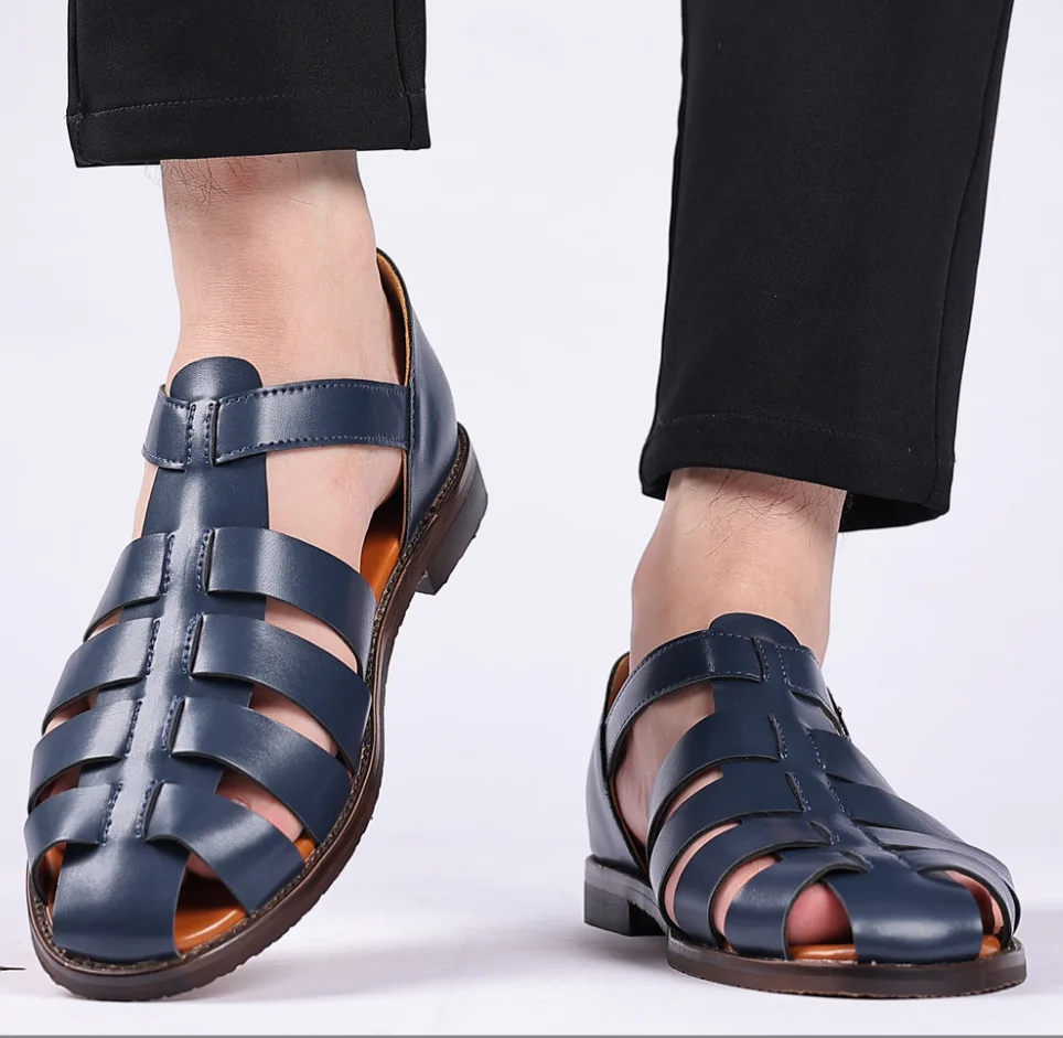 

5 New Fashion Men's Casual Sandals Breathable Flats Roman Shoes British Belt Buckle Large Size 38-48 Men's Leather Sandals
