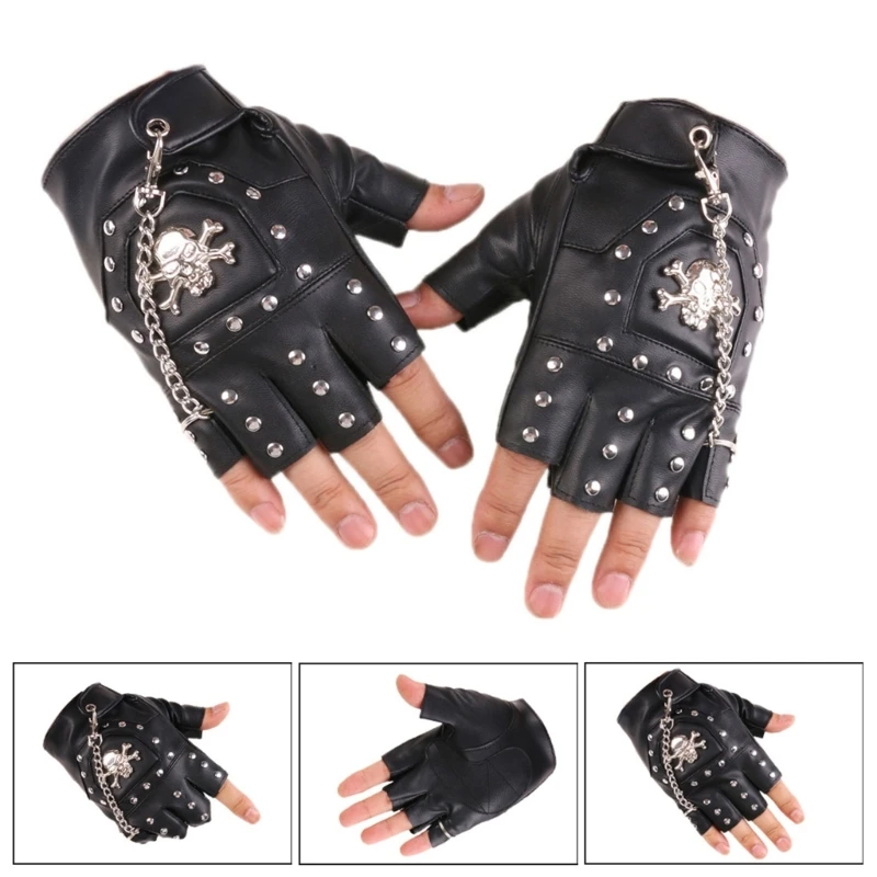 Mężczyźni Steampunk pół palca gotyckie rękawiczki metalowy łańcuch nity Biker rękawiczki bez palców czarne PU skórzane akcesoria