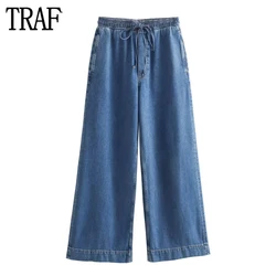 TRAF 2024 Wide Leg Pants for Women Blue High Waist Jeans Woman Streetwear Casual Baggy Pants Woman Winter Pleated Women's Pants