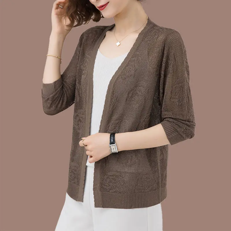 Summer Women Hollow Out Knit Cardigans Jackets Elegant Lightweight Casual Sunscreen Thin Outwear Basic Jacquard Knitwear Tops