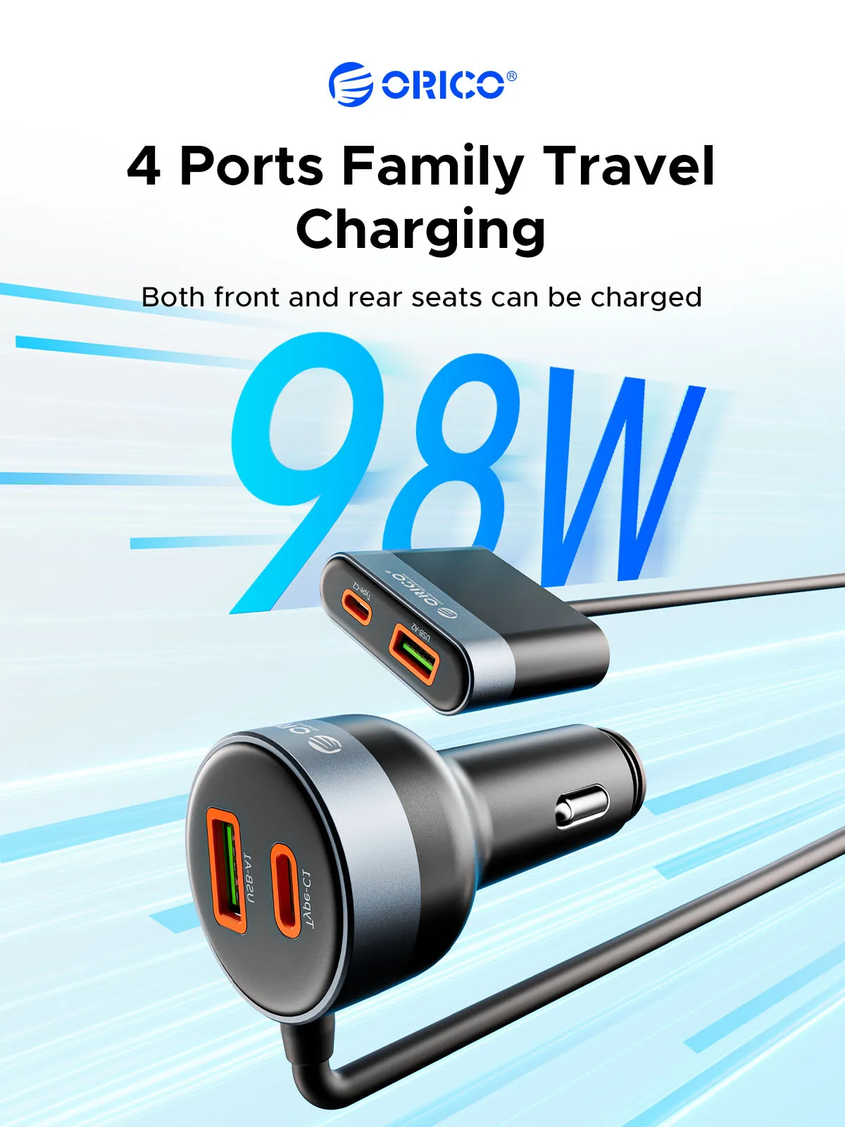 ORICO 98W Car Charger 2 USB-A and 2 Type-C Clip Design for Front and Rear Seat Family Travel for Huawei Apple Samsung PD QC 3.0