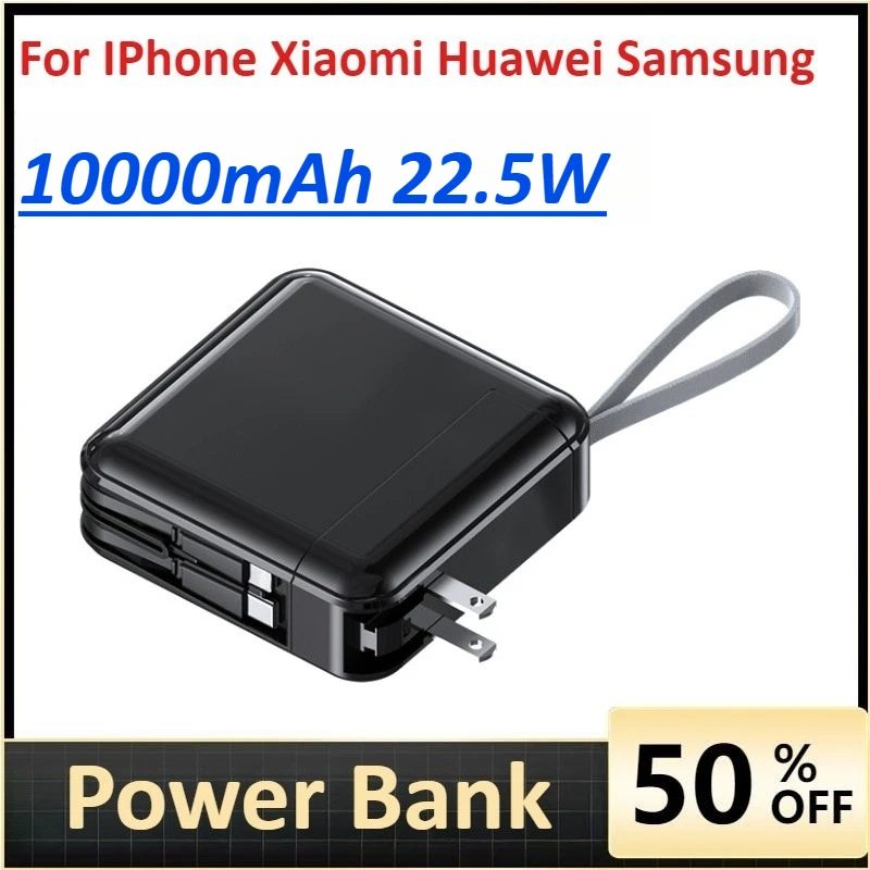 

10000mAh Power Bank Built in Cable with AC Plug Wall Charger External Battery for IPhone Xiaomi Huawei Samsung