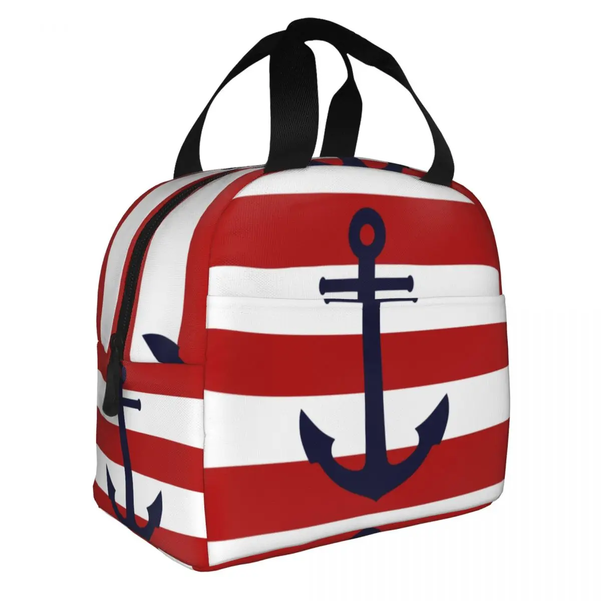 Custom Nautical Navy Blue Anchor On Red Stripes Thermal Insulated Lunch Bags Women Sailing Sailor Resuable Lunch Food Box