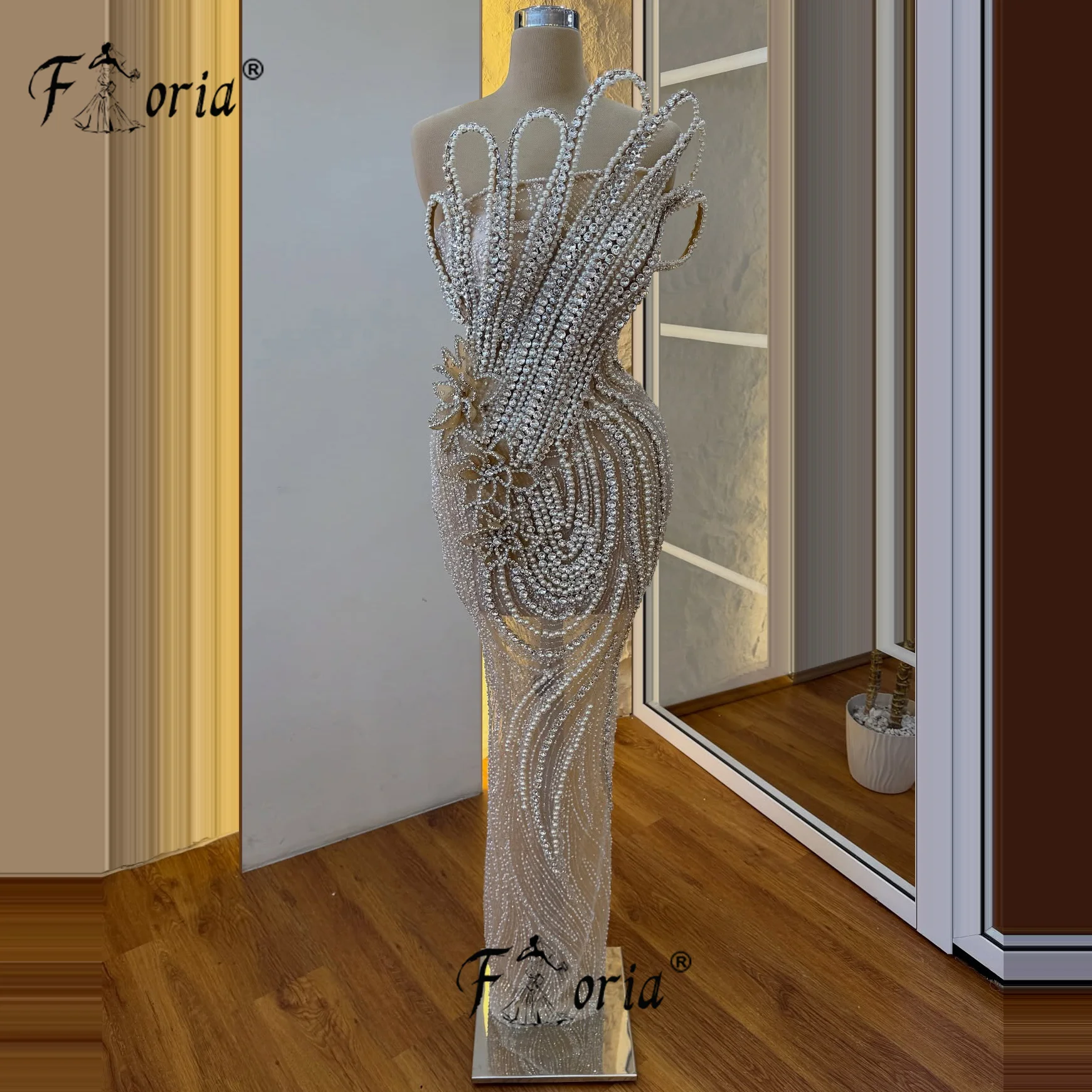 Elegante champanhe pérolas sereia vestido de festa contas principais cristal noite baile evento vestidos formal vestido celebridade personalizado
