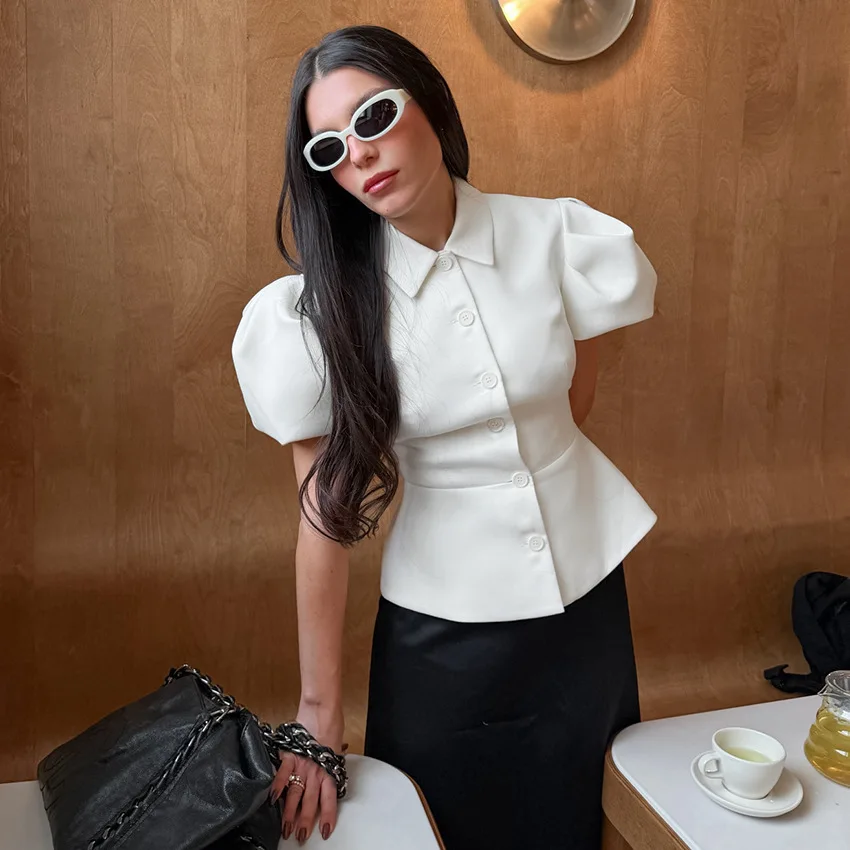 2026 Spring Summer New Puff Sleeve Waist Cinched Blouse European Elegant Office Versatile Slim Fit Short Sleeve Top Women Female