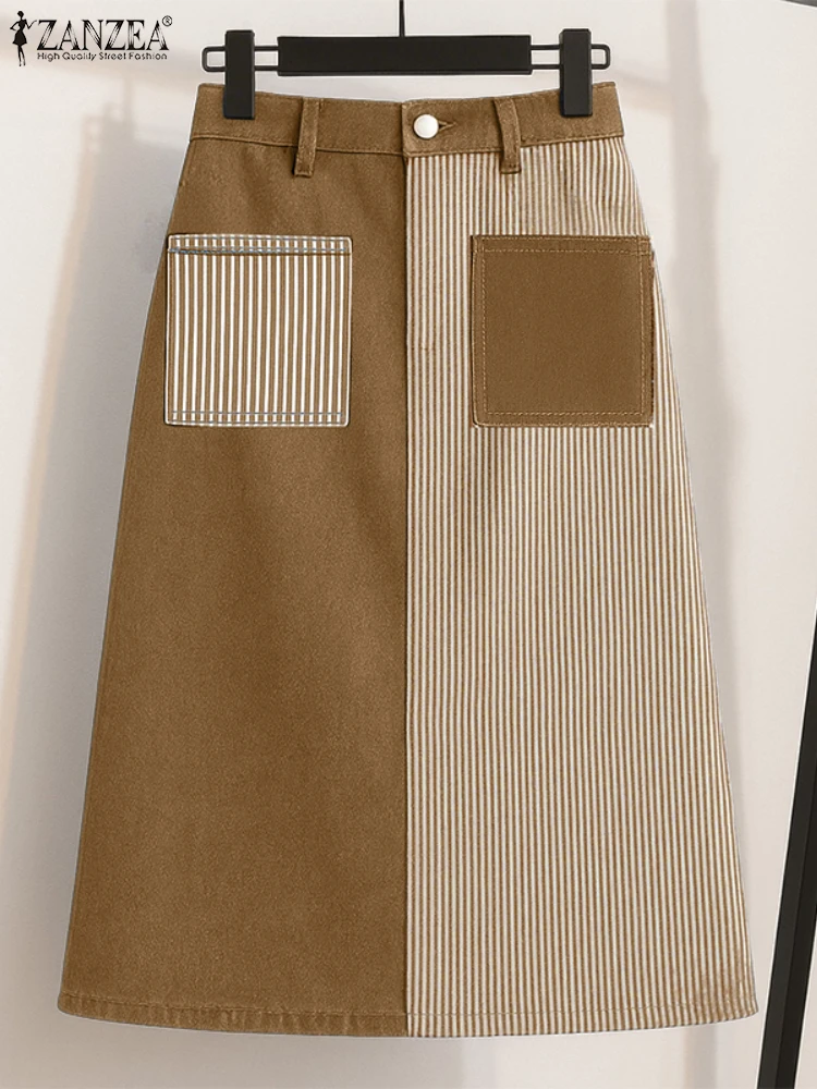 ZANZEA Faldas largas de moda para mujer, Jupes con cintura elástica, Maxi Faldas a rayas Saia 2025, pantalones de cintura alta para otoño, pantalones de trabajo informales