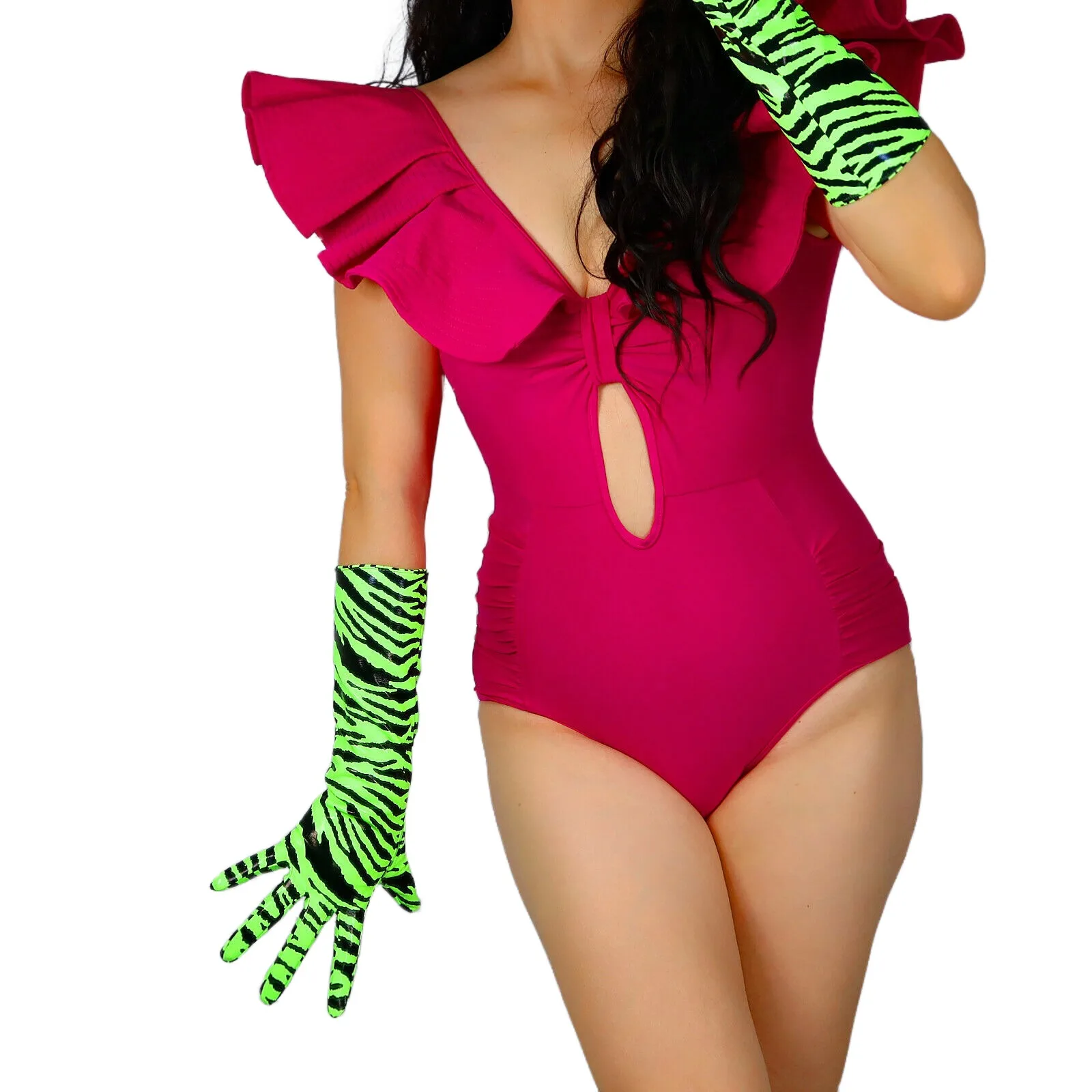 DooWay-guantes largos de látex con estampado Animal para mujer, guante de vestir de cuero con brillo en el codo, cebra, verde fluorescente, disfraz de Cosplay, moda de noche