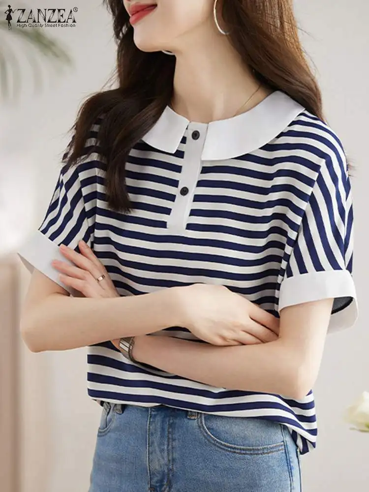 ZANZEA 2024 Summer Stripes Short Blouse Women Patchwork Tops Elegant Office Doll Collar Blusas Korean Slim Holiday  Tunic Shirt