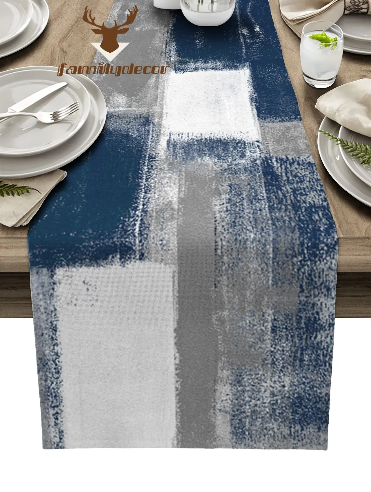 Oil Painting Abstract Geometric Blue Table Runner Home Wedding Table Mat Centerpieces Decoration Party Dining Long Tablecloth