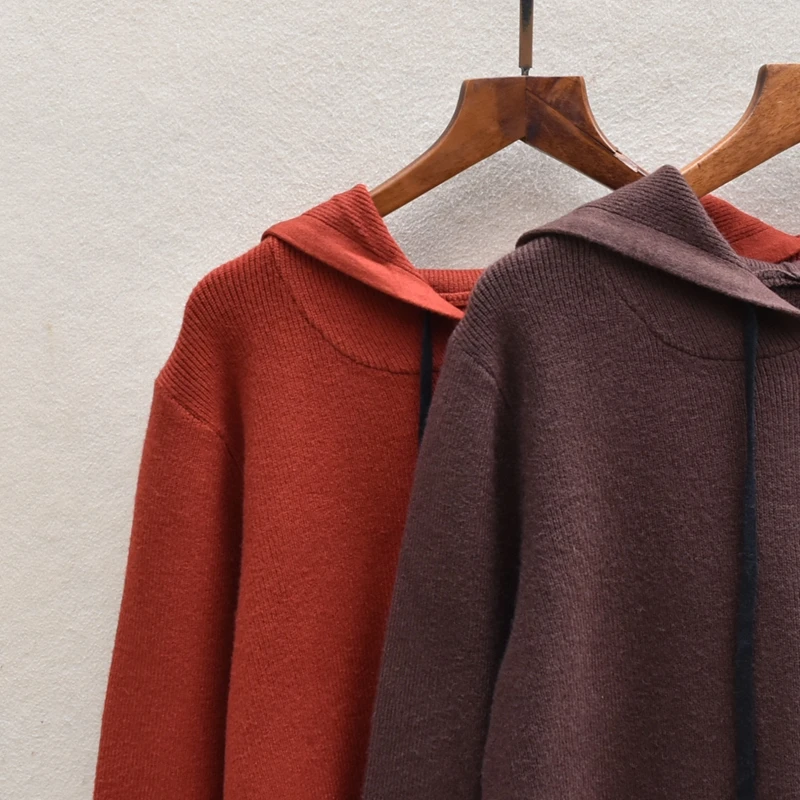 

Autumn Winter Thiened Color Hooded Long Sve Women's Knitted Sweater Versatile Warm Commute Sle Loose Fit Knitwear