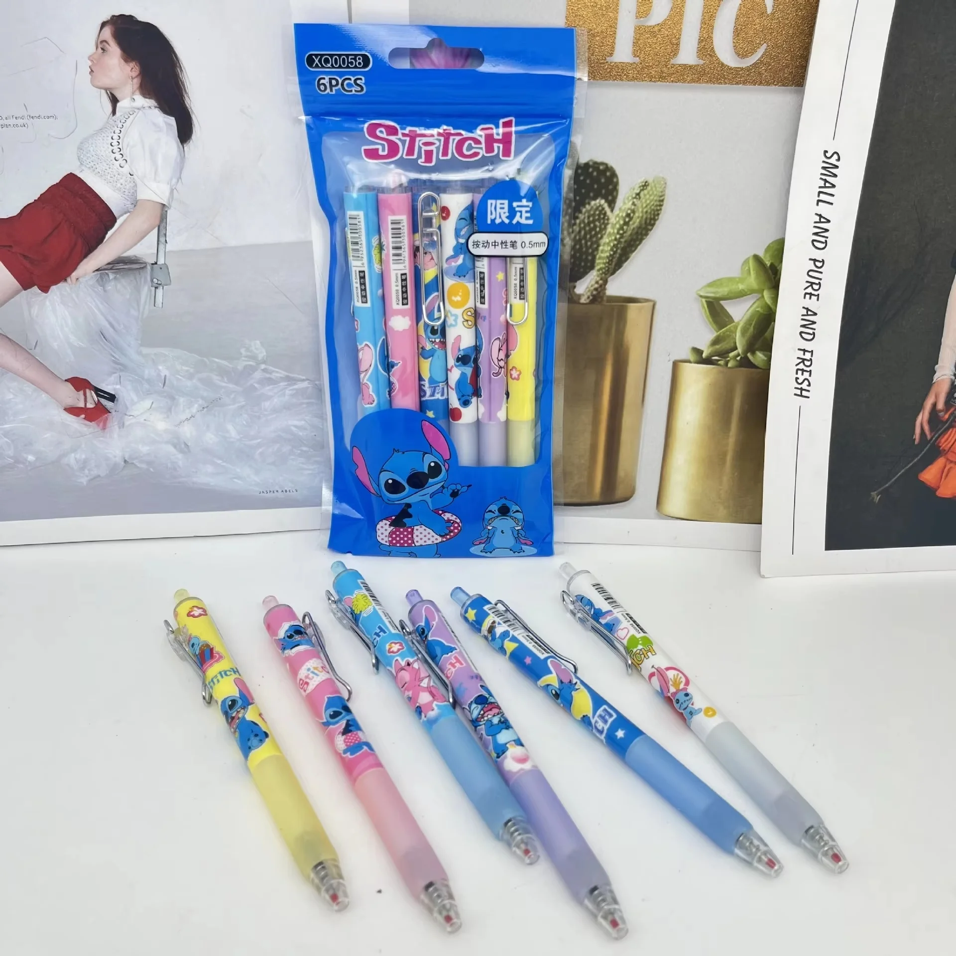 12/144 Pcs Cartoon Stitch Bag Press Pen Cute Lilo & Stitch Metal Pen Clip Press Gel Pen Bullet Black Writing Pen Gift Wholesale