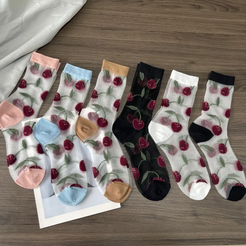 Ultra-Thin Transparent Woman Split Toe Socks Red Cherry Pattern Summer Crystal Silk Hollow Out Sheer Two-Toed Japanese Tabi Sox