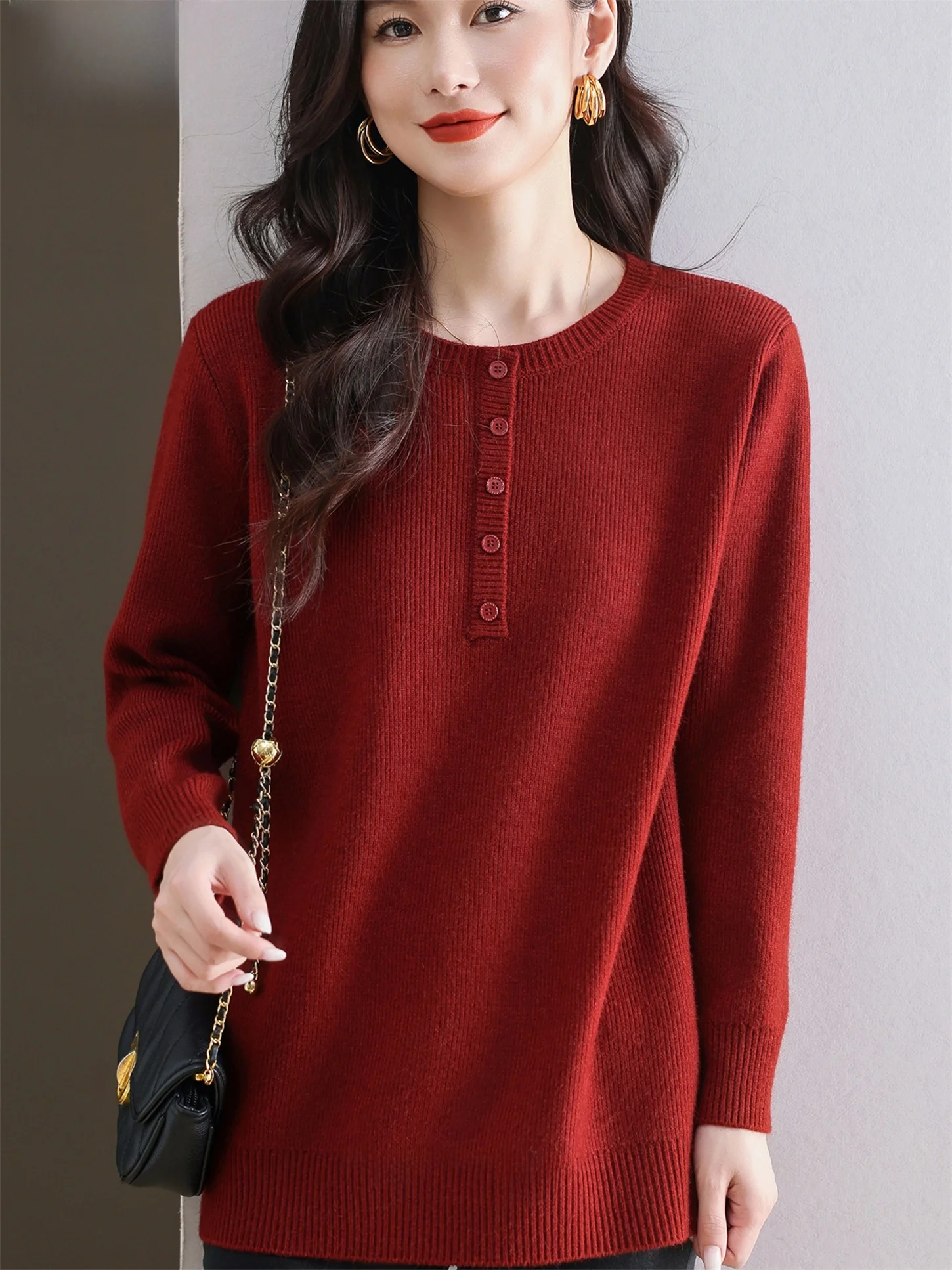 

Warm Comfortable Knitted Wool Top Loose Bot Base irt for Mom Autumn Winter New Sle Pure Color Faionable Senior Women...