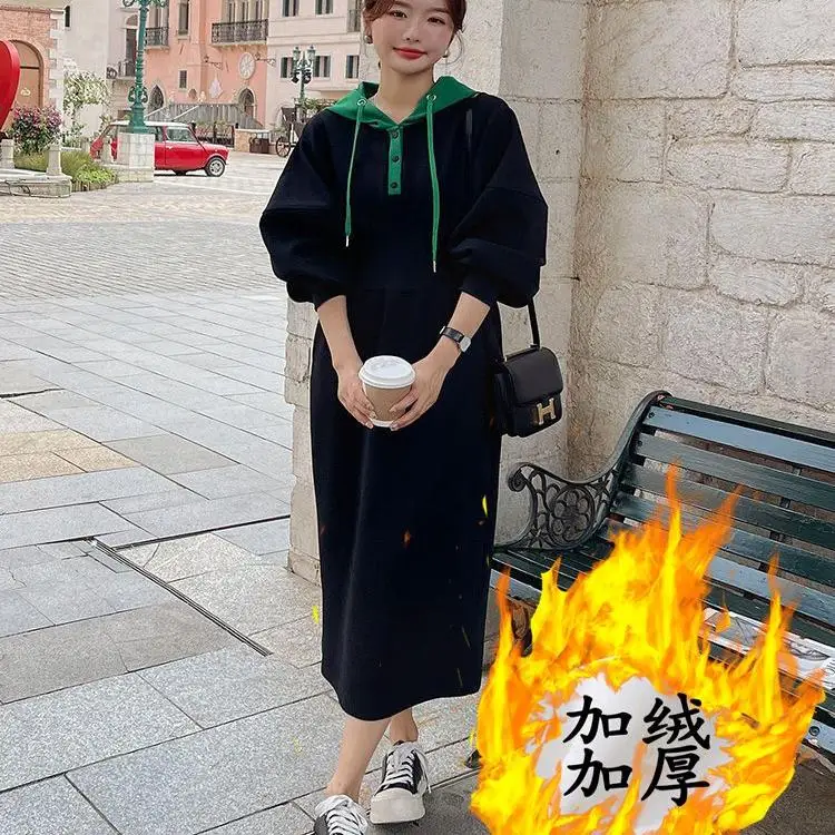 

Женское свободное длинное платье больших размеров с капюшоном, на флисовой подкладке, утепленное, осенне-зимнее, в корейском стиле, для повседневной носки, модное, больших размеров