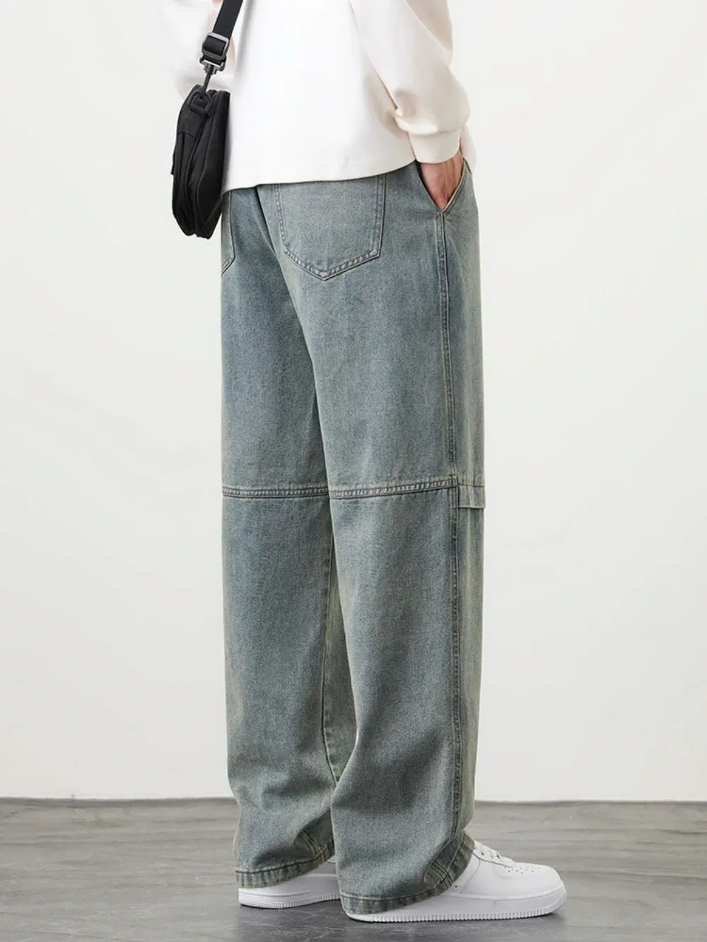 New Retro Men\'s Jeans Large Size String Banding Wide Leg Denim Pants Cotton Casual Straight Jean Trousers 5XL jeans men