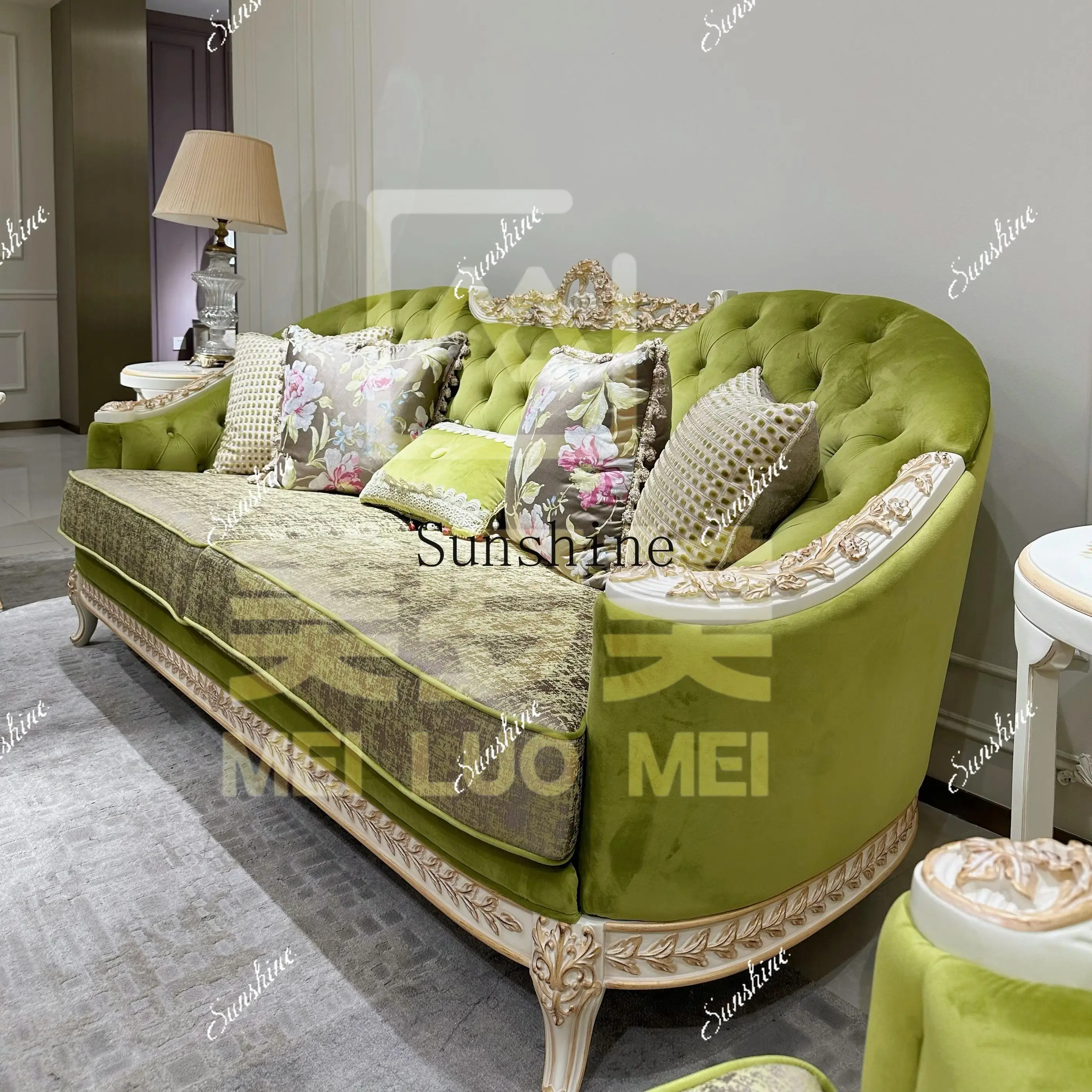 

French cream wind solid wood carving flower sofa palace fashion villa living room fabric medium and small apartment FT