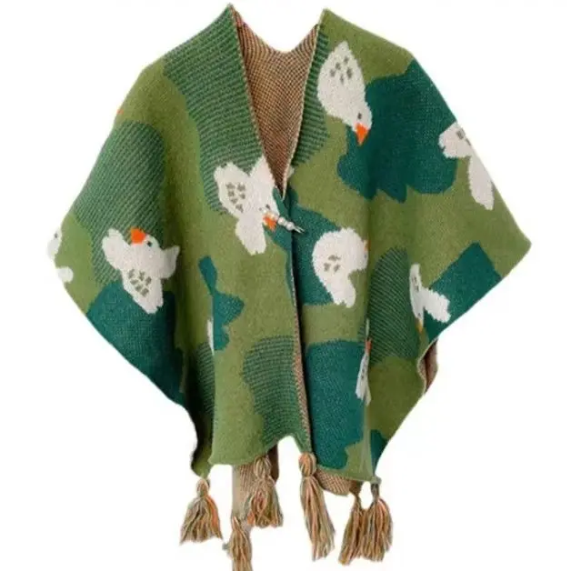 

Poncho Cloak Tourism Shawl Autumn and Winter Ethnic Style Knitted Capes High-end New Style Outer Scarf Split Women Shawl Green