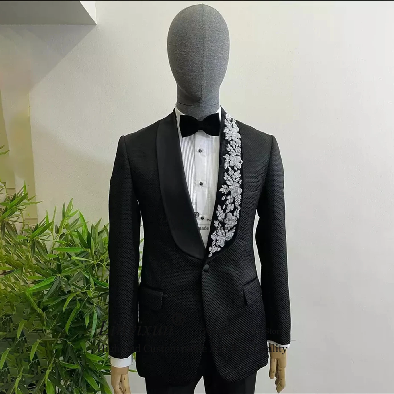 

Glitter Handmade Beads Men Suits Shawl Lpel Groom Wedding Tuxedos 2 Pieces Sets Male Prom Blazer Slim Fit Business Costume Homme