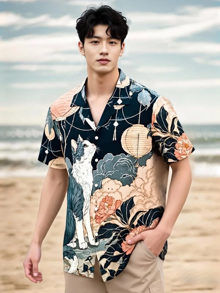 

Mystical Cat Amidst Цветочные фонарики Aloha Гавайская рубашка Летняя специальная офисная местная одежда Американские топы в стиле Харадзюку Повседневные туники