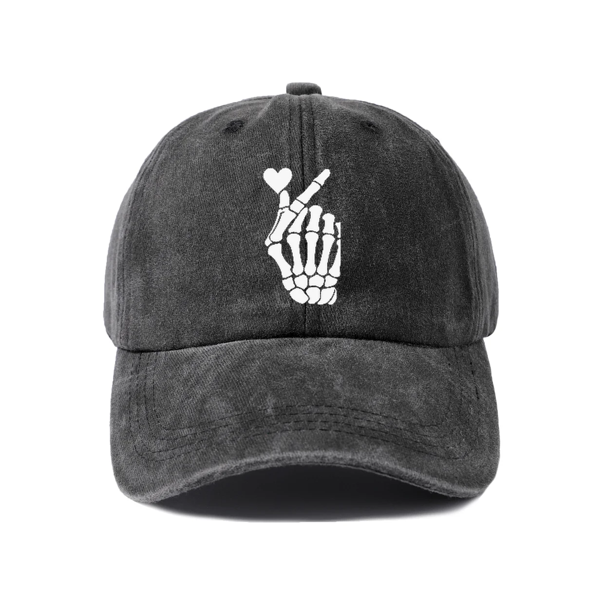 Vintage Washed Skeleton Finger Heart Baseball Cap, Adjustable Unisex Dad Hat, Gothic Love Halloween Gift