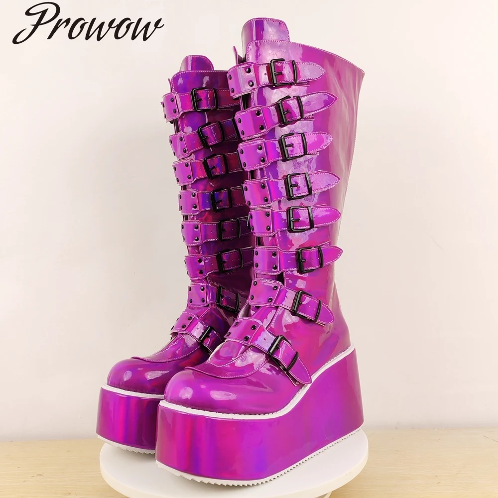 

Платформа с пряжкой ремня и круглой головкой наклонном каблуке, новые модные сапоги до колена, женская обувь Zapatos Mujer