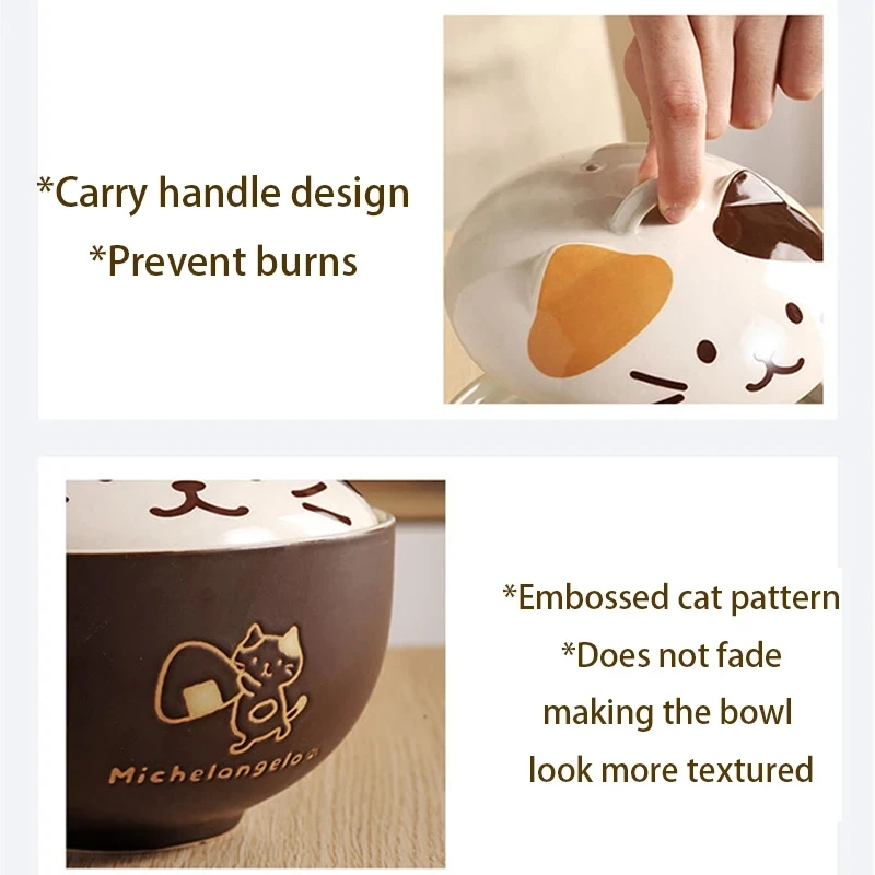 Japanese Creative Ceramic Soup Bowl Cute Cartoon Animals with Lid Cat Bowl Household Instant Noodles Bowl Rice Bowl Tableware