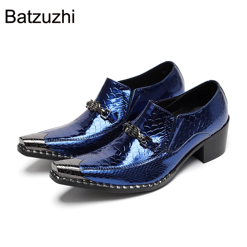 

Batzuzhi Formal Shoes Man Slip on Blue Genuine Leather Dress Shoes Man with Metal Toe 6cm Heels Formal Business, Party Shoes Man