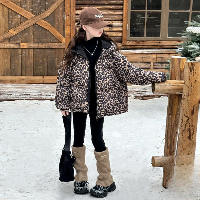 Girls Coat 2024 Winter New Childrens Clothes Girl Baby Foreign Style Loose Personality Leopard Print Cotton Clothes Casual