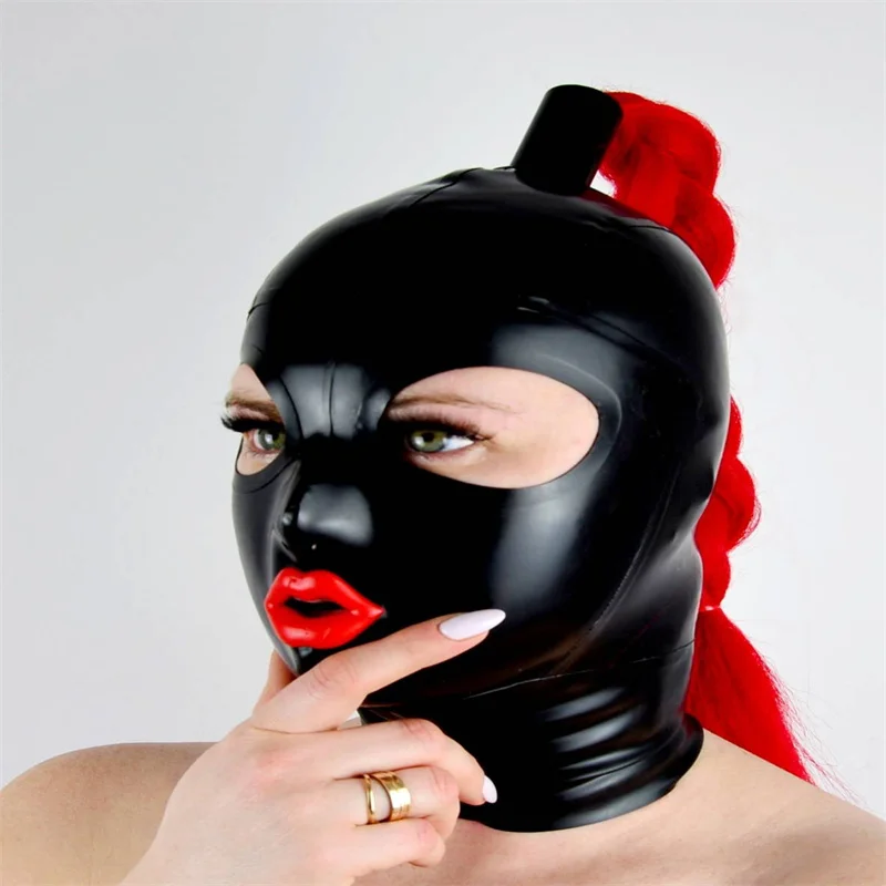 Latex Hood Sexy Fetish Rubber Mask with Back Zipper Red Trim Hair Cosplay Headgear Halloween Costumes Custom Made for Men Women