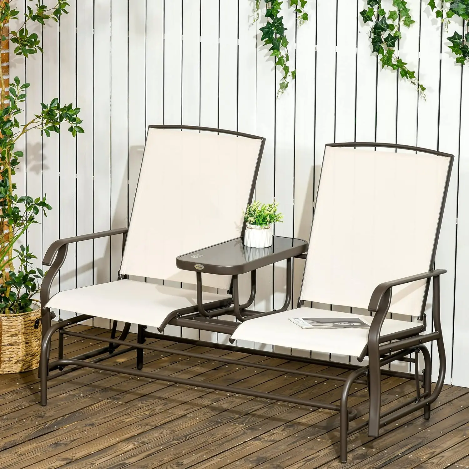 Outdoor Glider Bench with Center Table, Metal Frame Patio Loveseat with Breathable Mesh Fabric and Armrests for Backyard Garden