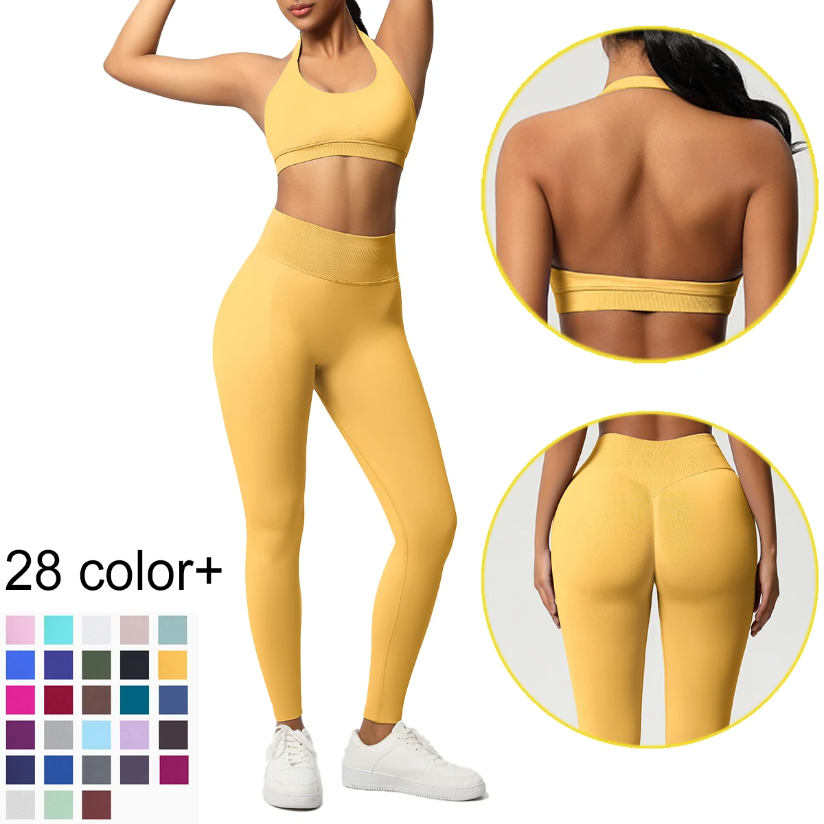

Sports Fitness Clothing Yoga Set for Woman Solid Color Backless Sexy Hanging Neck Bra Summer Quick Drying Tight Trouser Yoga Set