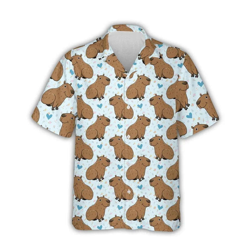 Camisa con patrón de Capybara Kawaii para hombre, estampado 3D, Aloha de playa hawaiana, manga corta, solapa superior fresca