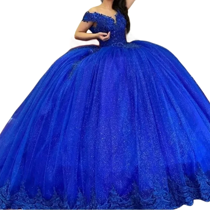 Robes de Quinceanera élégantes à col en V pour filles, appliques de perles, robe de Rhde fête, bleu royal, Sweet 16e, 15 ans