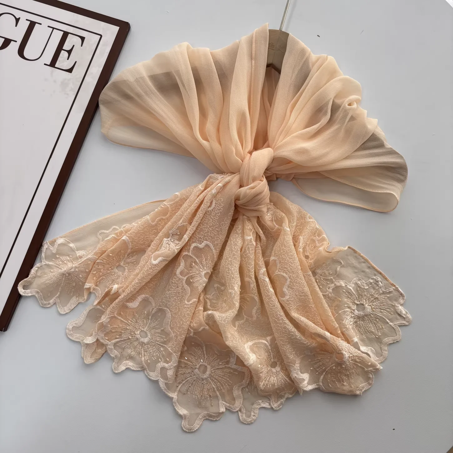 

100% Silk neck scarves woman spring elegant flower embroidered apricot neckerchief hijabs for woman accessories