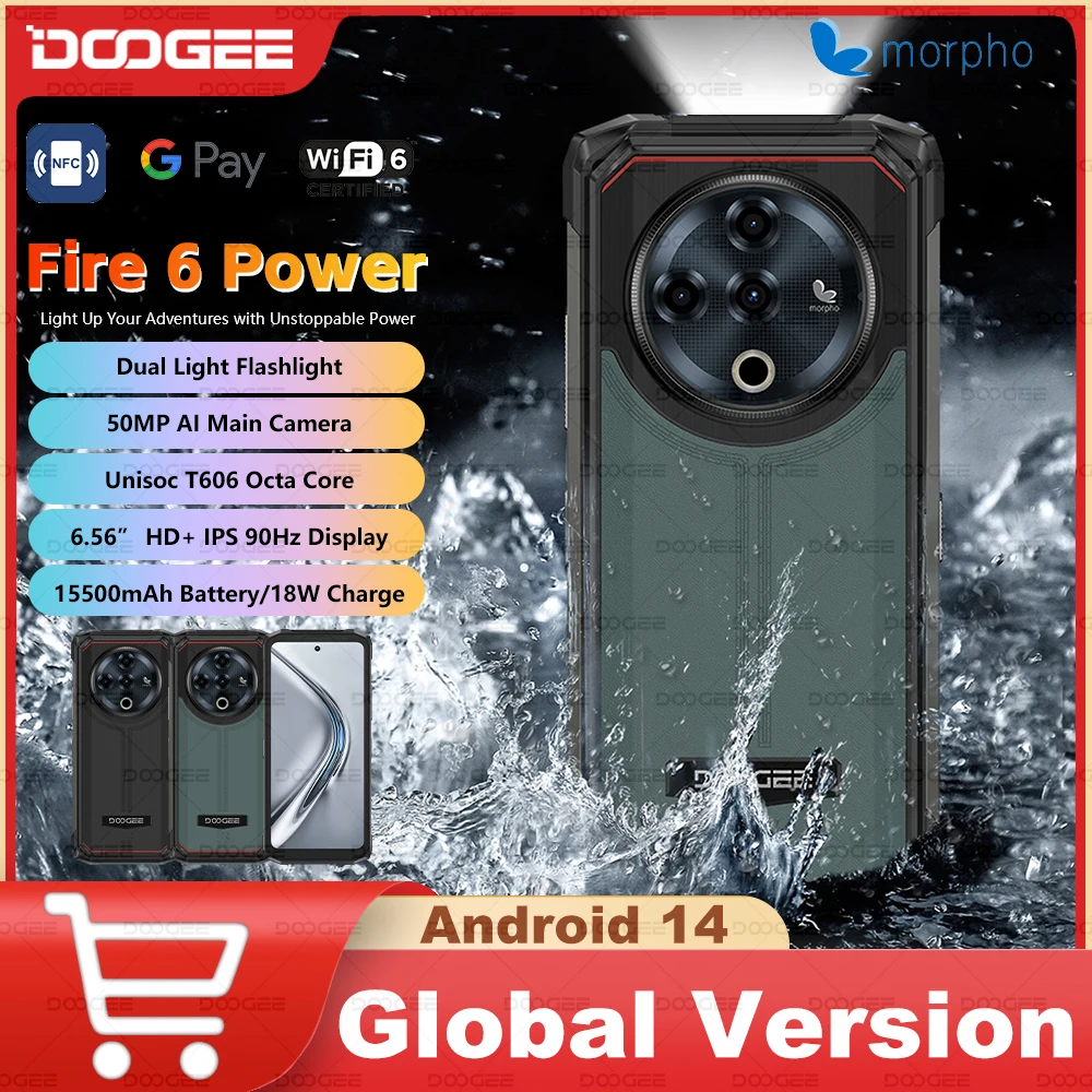 DOOGEE Fire 6 Power Rugged Phone Dual Light Flashlight 6.56-inch HD+ 90Hz Display 8GB+256GB 50MP Main Camera 15500mAh Cellphone