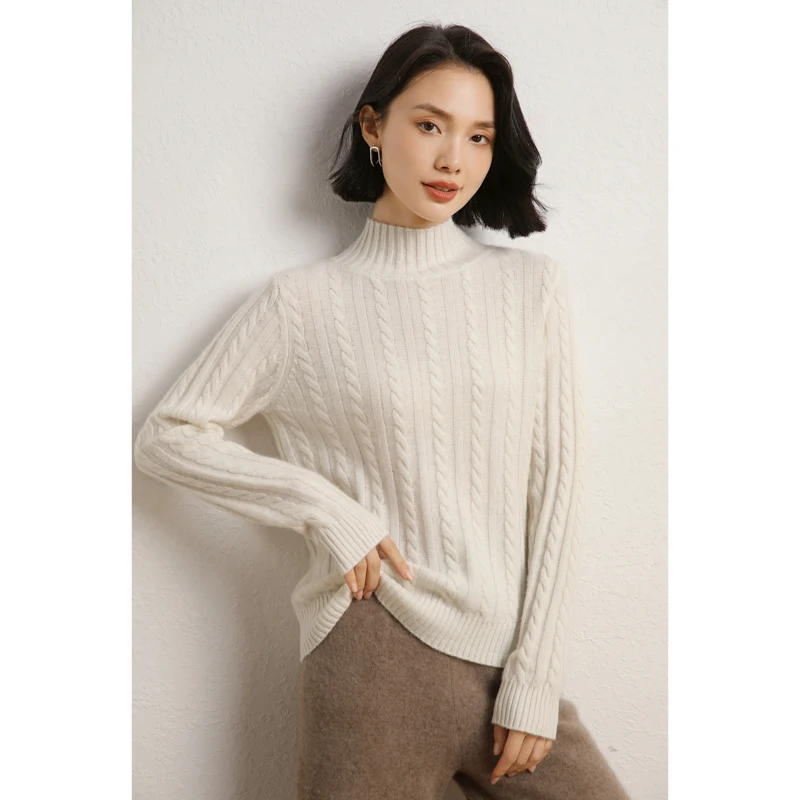 

Women Thick Mock Neck Cable Knit Autumn Winter Sweater Loose Style Cozy Long Sleeve Pullover 100% Cashmere Cashmere Knitwear