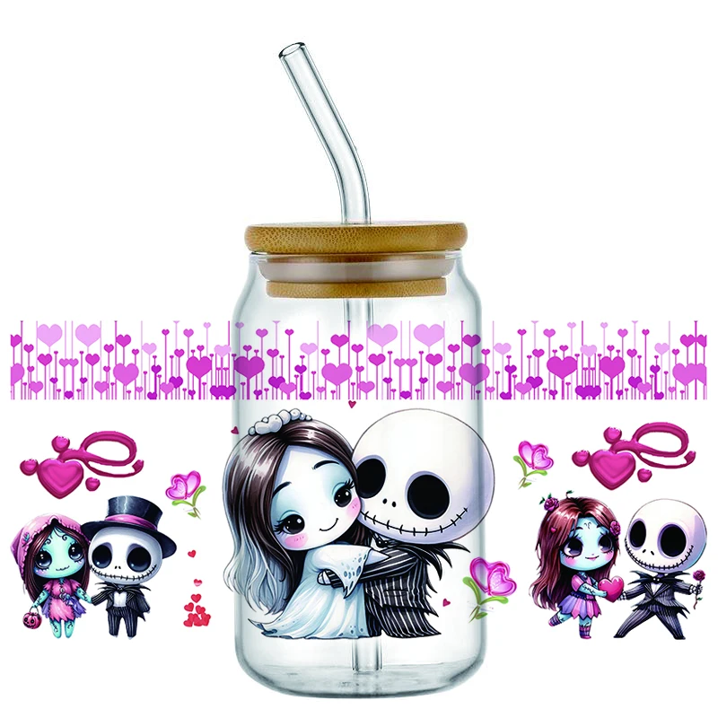 Jack Sally pattern transfer sticker Waterproof UV DTF Cup Mug Wraps Sticker DIY 3D Wrap Decal For 16oz Libbey Glass home decor