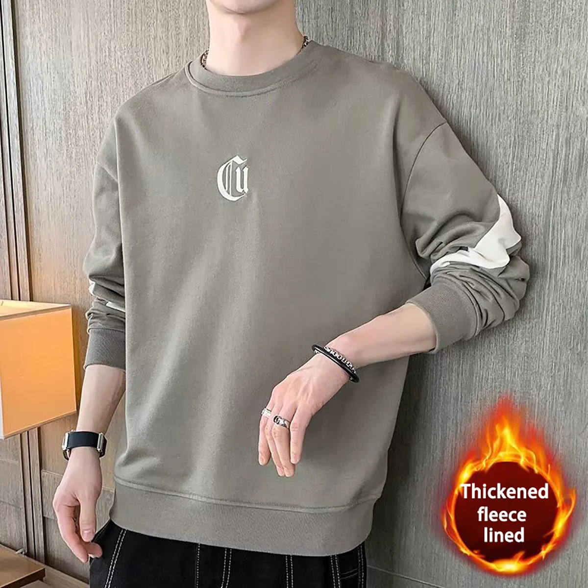 Men's Round Neck Long Sleeved Printed Pattern Top Youth Casual T-shirt Thick Warm Autumn Winter Couple Outfit