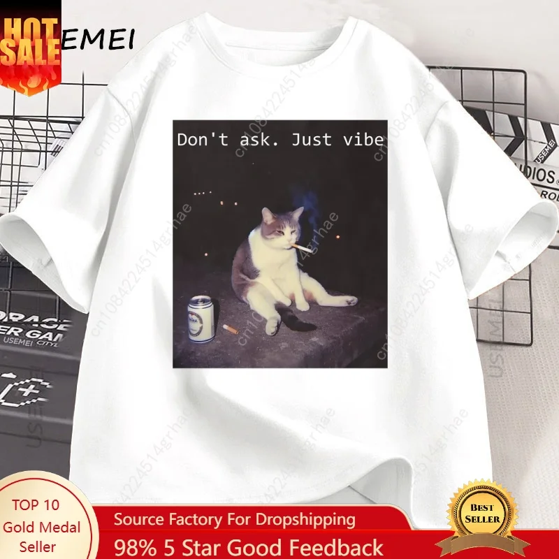 

Retro Funny Smoking Cat Meme T Shirt Cigarette Cat Tee Kitty Printed T-shirt Y2k Short Sleeve T Shirts Loose Tees Oversized