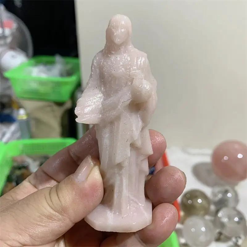 Natural Pink Opal Jesus Carving Statues Healing Fengshui Ornaments Gift Reiki Home Room Decoration 1PCS